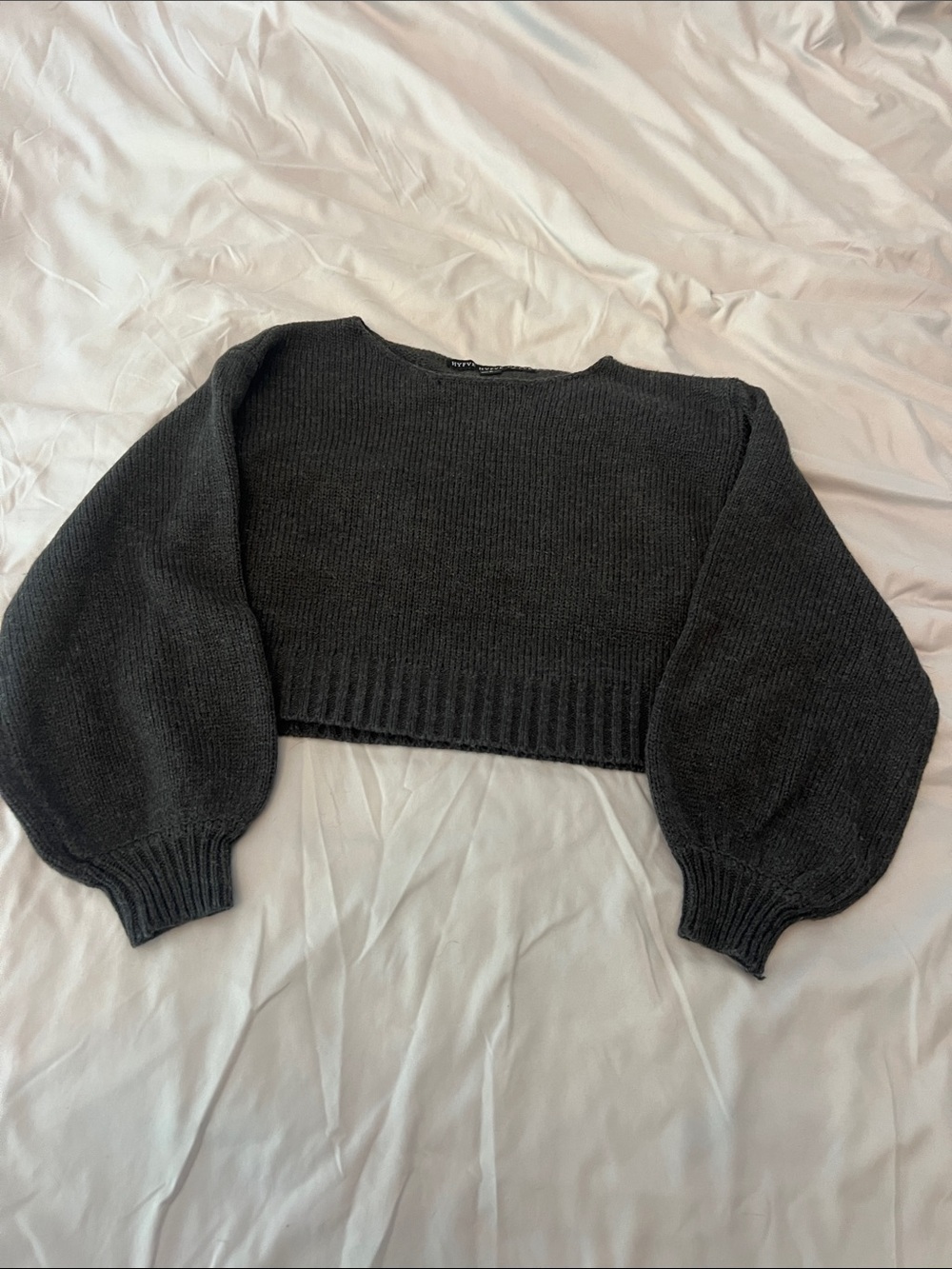 HYFVE Charcoal Cropped Balloon Sleeve Crewneck Sweater